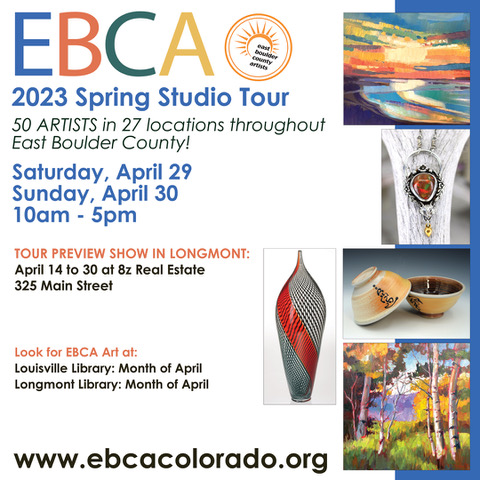 Poster for the 2023 EBCA Spring Studio Tour featuring art by Teri Ficken